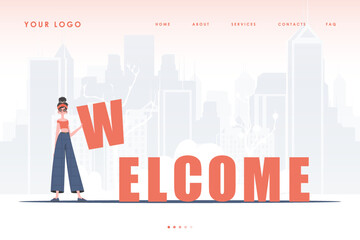 Welcome landing page. The girl stands and holds the letter W in her hands. The initial page for the site. trendy style. Vector illustration.
