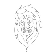 Silhouette of a tiger lion's head drawn in a single line. Minimalist style. Design suitable for tattoo, decor, mascot, poster, postcard, emblem, logo, t-shirt print, badge. Isolated vector