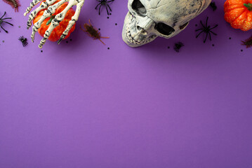 Halloween spooky decorations concept. Top view photo of skull skeleton hand holding pumpkin insects...