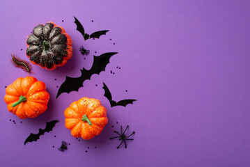 Halloween creepy decorations concept. Top view photo of pumpkins bat silhouettes insects spiders...