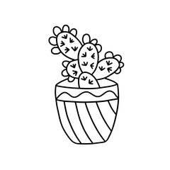 Adorable cactus in a pot. Black and white vector isolated doodle illustration. Hand drawn print, icon contour, single flower