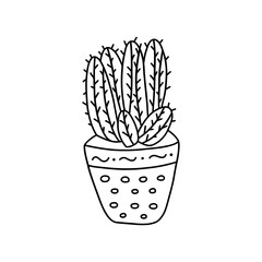 Cute cactus in a pot. Black and white vector isolated doodle illustration. Hand drawn print, icon contour, single flower