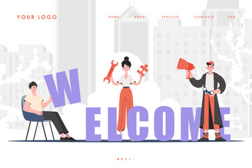 Welcome Landing Page Diverse Team of People Website Start Page. Trendy cartoon character. Vector.