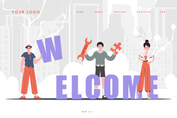 Welcome Landing Page Diverse Team of People Home page for website. Trendy character style. Vector.