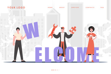 Welcome Landing Page Diverse Team of People Home page for website. Trendy cartoon character. Previous illustration.