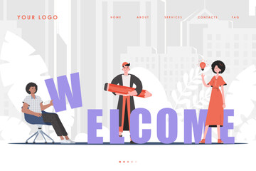 Welcome Landing Page Diverse Team of People Home page for your website. trendy style. Previous illustration.