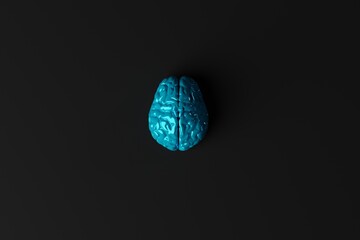 Blue brain on an dark background. Business concept, brain storming, looking for answers, ideas. Intelligence. 3d rendering, 3d illustration.