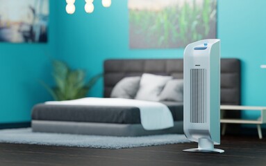 Air purifier on the background of the room, bedroom. The concept of health protection, taking care of clean air. 3d rendering, 3d illustration.