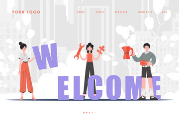 Welcome landing page diverse team of people Creative start page for website. Trendy flat style. Vector.