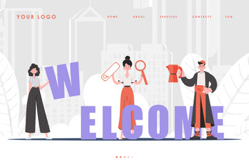 Welcome landing page diverse team of people Creative start page for website. Cartoon character style. Previous illustration.