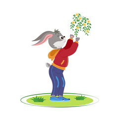 A hare on a walk in spring. Rabbit and spring flowers. Symbol of the year 2023. Vector illustration for flyer, poster, banner, postcard, calendar, T-shirt.