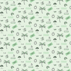 Mint green summery seamless vector pattern of a tropical beach holiday essential elements. Great for wallpaper, background, fabric, textiles, accessories, fashion, swimwear, baby clothes, stationery