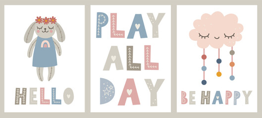 Posters for nursery in boho style. Cute characters and hand drawn lettering quote. Vector illustration © Yulia