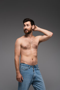 puzzled and shirtless man with beard standing in denim jeans isolated on grey.