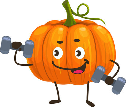 Ripe pumpkin cartoon character with sport dumbbell