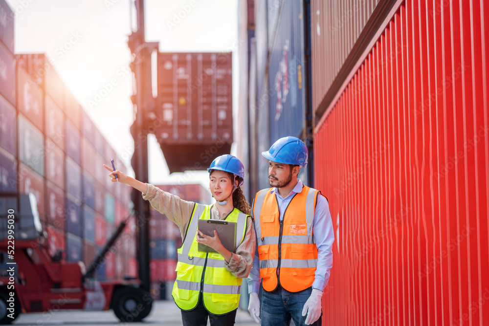 Poster foreman man and worker working checking at container cargo,logistics import export shipping concept.
