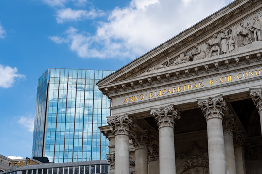 London, England: facade of Royal Exchange
