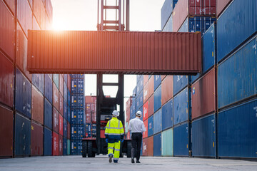 Businessman and Technicians or engineer working at Container yard warehouse,Cargo Shipping Import...