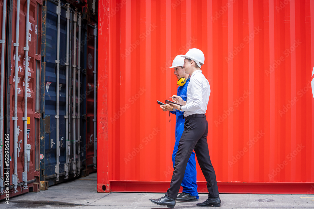 Poster Businessman and Technicians or engineer work at Container cargo site check up goods in container.
