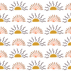 Boho Hand Drawn Sun Sets Vector Seamless Pattern