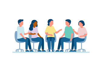 Meeting of group of people for talk, dialog, communication, discussion, business relationship. Discuss problems together, exchange opinions of team worker. Support group. Vector illustration