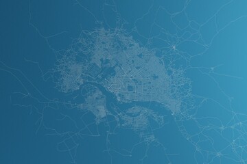 Map of the streets of N'Djamena (Chad) made with white lines on blue paper. Rough background. 3d render, illustration