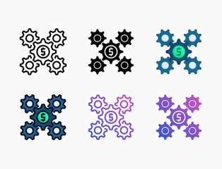 Gear icon set with different styles. Style line, outline, flat, glyph, color, gradient. Editable stroke and pixel perfect. Can be used for digital product, presentation, print design and more.