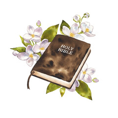 The sacred book the bible and flowers on a white background. Watercolor illustration