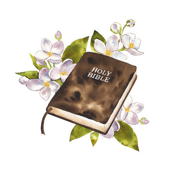 The sacred book the bible and flowers on a white background. Watercolor illustration
