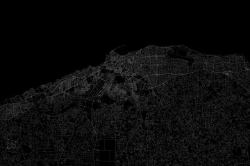 Stylized map of the streets of Tripoli (Libya) made with white lines on black background. Top view. 3d render, illustration