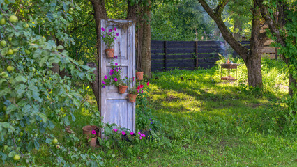 Flowers on the old door in the garden. Landscape design. A door whose frame is decorated with a multicolored flower.