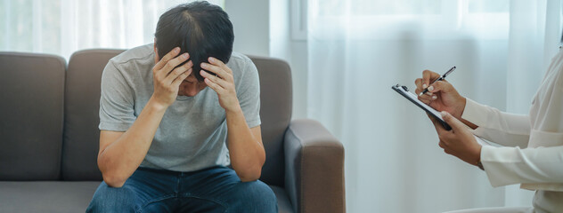 stressed man consultation a psychologist about mental health problem