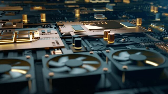 CPU Chip and cooler fan on motherboard. High tech electronic circuit board server code processing. Futuristic mining gpu microchip processor. Quantum computer and big data concept. Sci-fi background