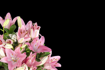 DEEPEST SYMPATHY CARD WITH PINK LILIES BOUQUET ON BLACK BACKGROUND. CONDOLENCE CARD FOR DECEASES....