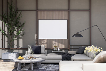 mock up poster frame in modern interior fully furnished rooms background, living room, Scandinavian style