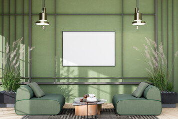 mock up poster frame in modern interior fully furnished rooms background, living room, Scandinavian style