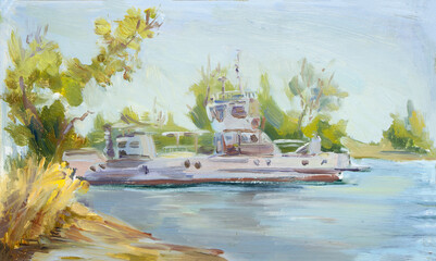 Painting oil on paperboard "Pleasure river boat near the shore in summer". Sketch