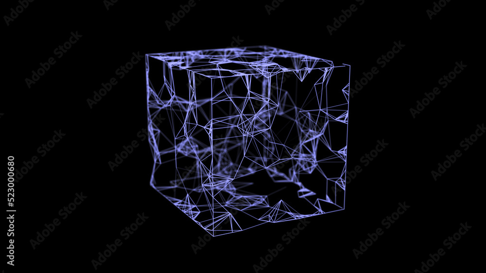 Poster abstract lines connection in the shape of cube. mesh square with flying debris. global digital futur