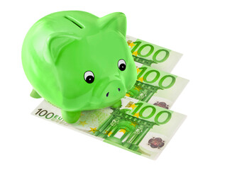 Grünes Sparschwein und 300 Euro auf weissem Hintergrund - obrazy, fototapety, plakaty