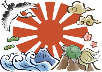 鶴・亀・朝日・富士山など縁起の良いモチーフを散りばめたイラストセット 文字スペース有り