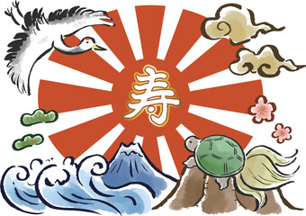鶴・亀・朝日・富士山など縁起の良いモチーフを散りばめたイラストセット 寿文字あり