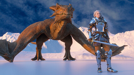 White haired female warrior knight stands with a drawn sword and a dragon behind against the backdrop of snow capped mountains. Fantasy artwork scene. CGI animation 3d rendering
