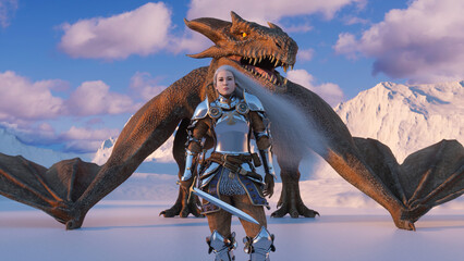 White haired female warrior knight stands with a drawn sword and a dragon behind against the backdrop of snow capped mountains. Fantasy artwork scene. CGI animation 3d rendering
