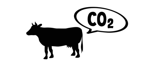 Stick vacuum, co2, no or no2. Cartoon drawing black cow. Vector livestock, cows silhouette. farm animals. Cattle icon or pictogram. Nitrogen emissions