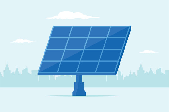 Solar panel icon with city in the background. Flat design vector illustration. 