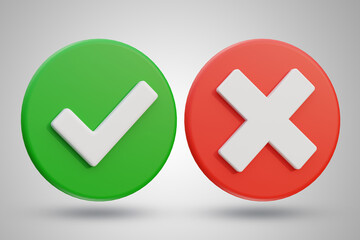 3D check mark and cross symbols. 3D rendering icons.