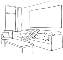 Hand drawn sketch of room interior. Sofa, table and chair