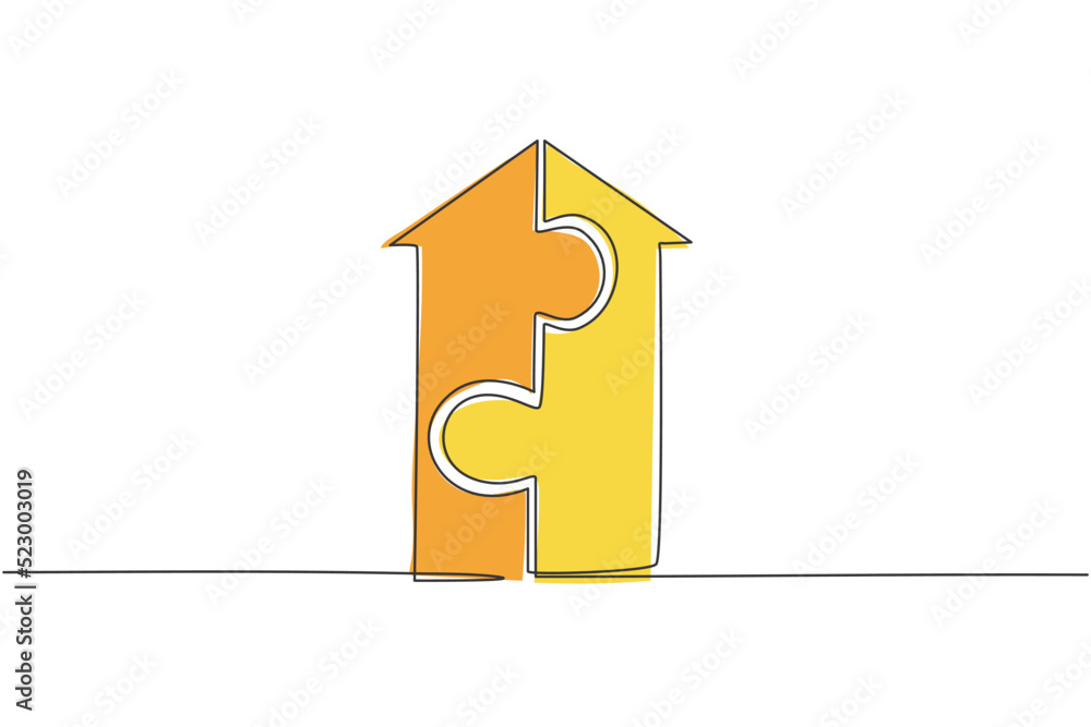 Poster single continuous line drawing of up arrow shape build from piece of puzzles. teamwork symbol metaph