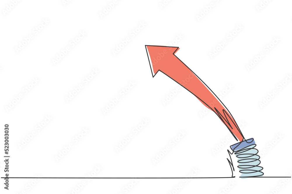 Poster single continuous line drawing of metal spring with leaping up arrow symbol above. business jumping 