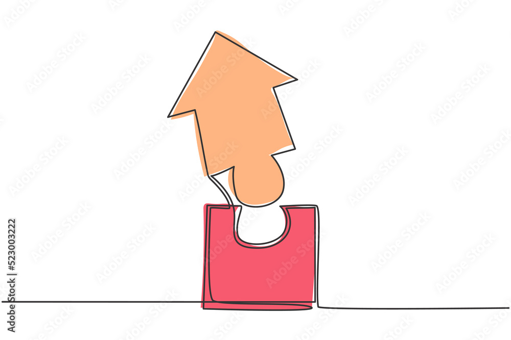 Poster single one line drawing of puzzle jigsaw piece form up arrow shape symbol. business finance growth m